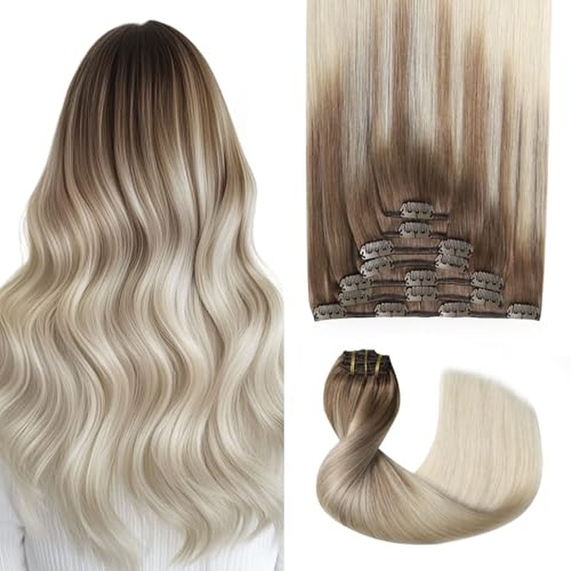 Pro2.0 Clip in Hair Extensions Real Human Hair 120g Thick 7pcs Color #8/60 Ash Brown to Platinum Blonde Remy Real Human Hair Extensions Clip ins 14inch Double Weft£¨#8/60-14inch£©