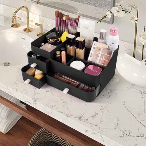 Makeup Organizer for Vanity, Large Countertop Organizer with Drawers, Cosmetics Storage for Skin Care, Brushes, Eyeshadow, Lotions, Lipstick,Nail Polish.Great for Dresser, Bathroom, Bedroom, Black