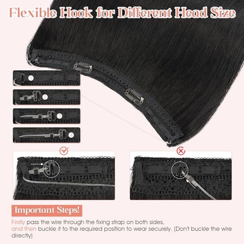 Hairro Wire Hair Extensions Human Hair, Fish Line Invisible Adjustable & Clips in Extensions Straight, 100% Real Hairpieces Seamless Blending for Women, 18 Inch 80g Jet Black