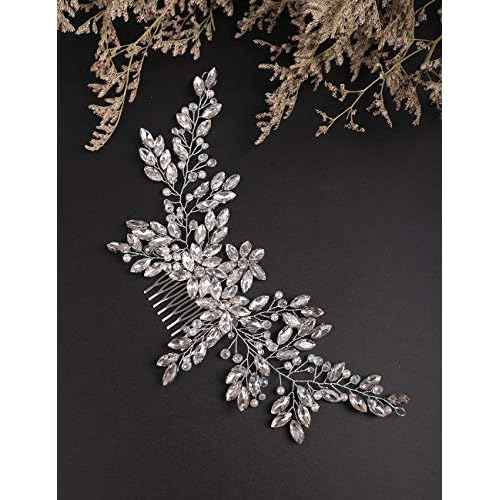 Rhinestone Crystal Flower Hair Comb with Headpiece for Bride, Wedding and Women Girls Silver