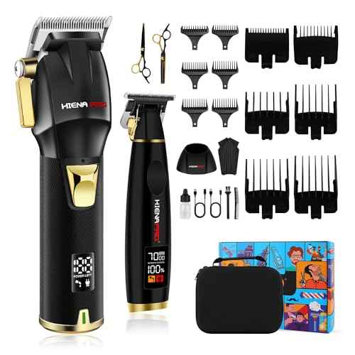 HIENA PRO Professional Hair Clippers Set for Men Cordless Barber Kit Hair Cutting Set Rechargeable Clippers and Trimmers Set Hair Cutting Kit with LED Display, USB Charging, Gifts for Men, (Black)