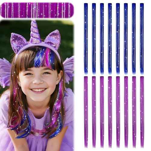Fairy Hair Tinsel Kit for Girls, Color Tinsel Hair Extensions for kids, Blue and Purple Glitter Hairpiece Clip in, Halloween Hair Accessories, 16 Pieces
