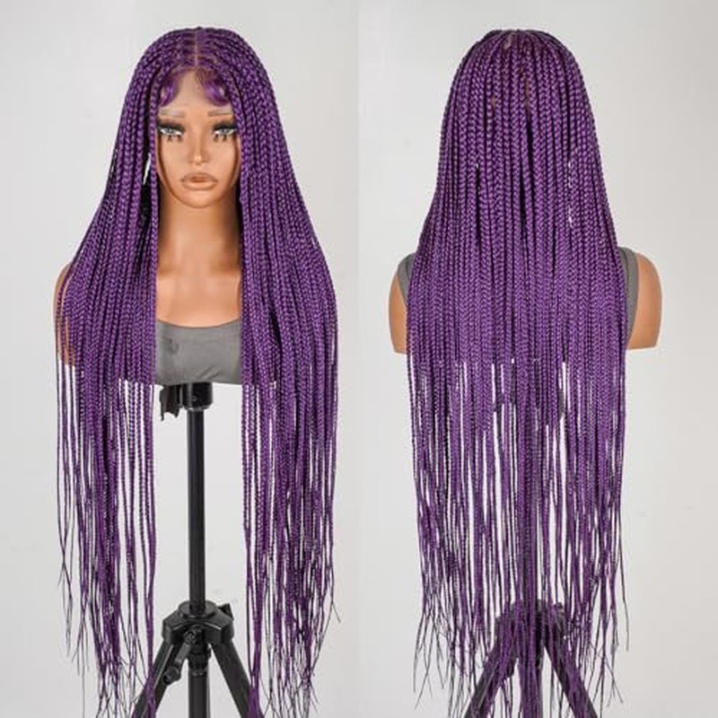YMSGlRL 36 Inch Purple Knotless Braided Wigs for Women Box Braided Full Lace Premium Synthetic Wig with Baby Hair Long Box Braid Wig with Natural Hairline Look