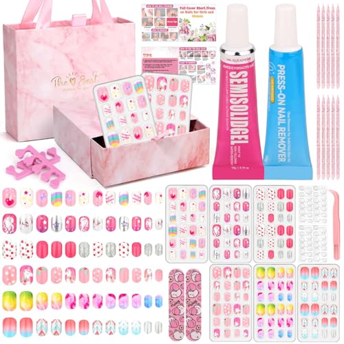 144 Pcs Press on Nails for Kids, Girls Fake Nails with Glue Kit, Cute Nails Tips with Jelly Nail Adhesive Teen Stick ons Acrylic Nails Gift Set for Girls 8-12