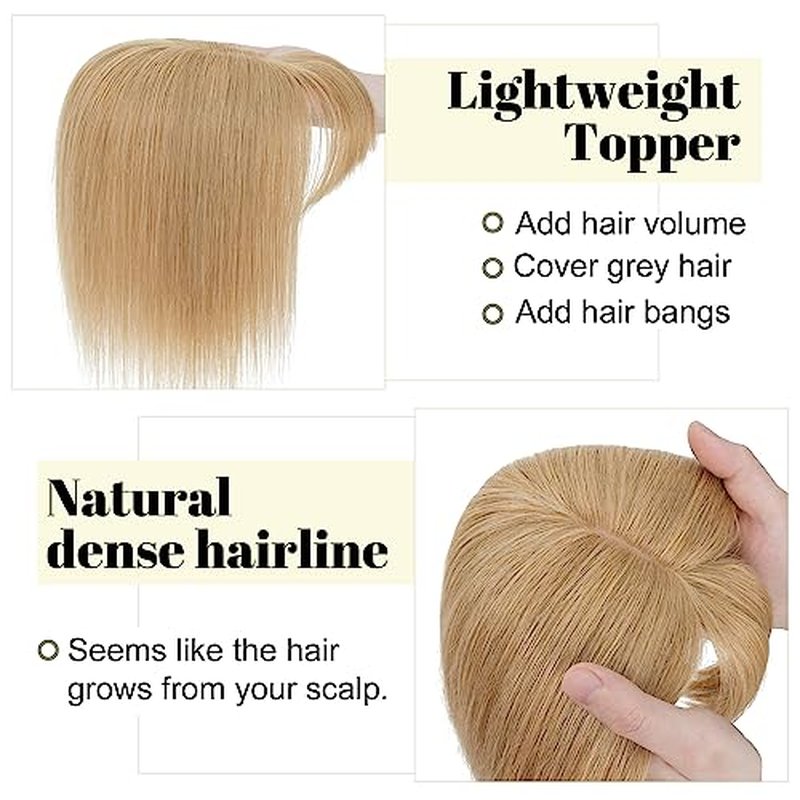 SEGO Hair Toppers for Women With Bangs Real Human Hair, 130% Density 10 * 12CM Silk Base Clip in Top Wiglet Hairpieces for Thinning Hair-12 Inch 27 Dark Blonde