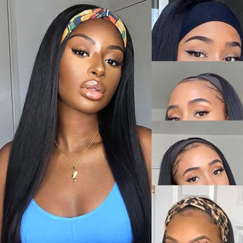 Headband Wig Human Hair Straight Headband Half Wigs Human Hair Brazilian Glueless Human Hair Wigs None Lace Front Wigs Machine Made Wigs 150% Density Natural Color 18 Inch