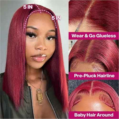 Wear and Go Glueless Bob Wig Human Hair 200% Density 5x5 HD Lace Closure Wigs For Black Women Glueless 5x5 Closure Wigs Human Hair Pre Plucked Bob Burgundy Color 14 Inch