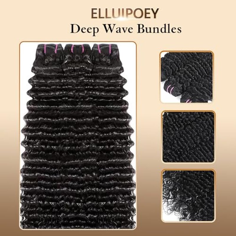 Deep Wave Bundles Human Hair 12 14 16 Inch Deep Curly Bundles 15A Grade 100% Unprocessed Brazilian Virgin Hair Wet and Wavy Bundles Double Weft Natural Black Color