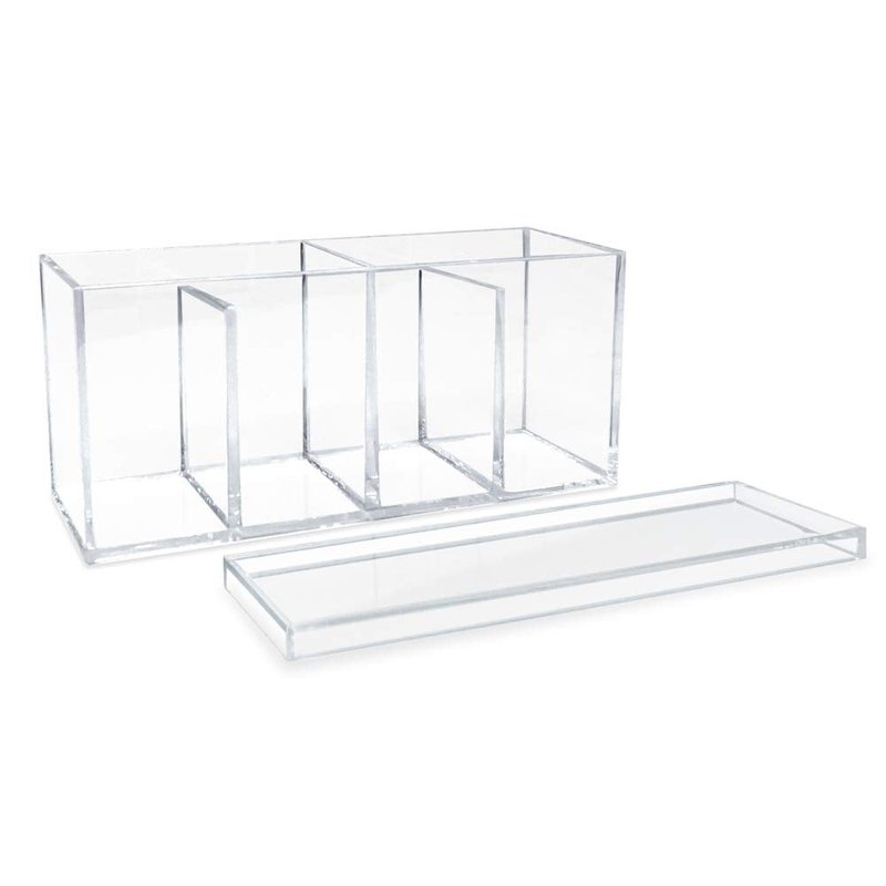 Isaac Jacobs 2-Pack 4-Compartment Clear Acrylic Organizers with Lid (9” L x 3” W x 4” H), Makeup Brush Holder, Sectional Tray, Storage Solution for Makeup, Crafts, Office Supplies & More (2, Clear)