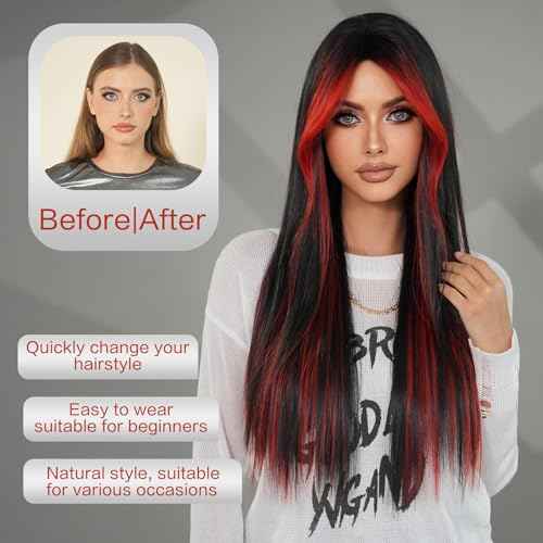 7JHH WIGS 31in Ombre Red Black Long Straight Highlight Wigs with Curtain Bangs Natural Heat Resistant Synthetic Fiber Layered Highlight Midlle Part Women Wigs for Chrismas Daily Party Daily Used