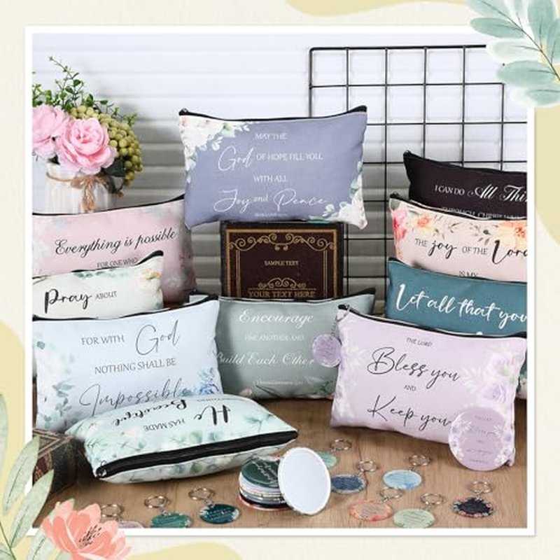 60 Pcs Christian Gifts for Women Religious Gifts Include 20 Canvas Makeup Bags 20 Bible Verse Mini Mirror 20 Inspirational Bible Keychains Church Favors for Women Mother Sister(Classic)