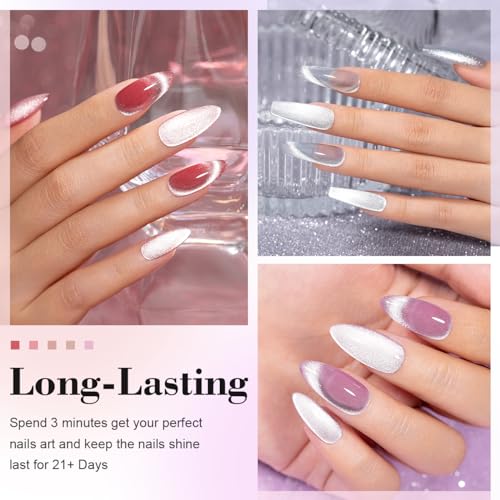 RARJSM Cat Eye Gel Nail Polish Set 6 Pcs Magnetic Sparkle Diamond Glitter Nude Pink Light Purple Red Silver Sheer Pink Velvet Ice Jelly Gel Polish with Magnet Stick UV LED Curing Requires Soak Off