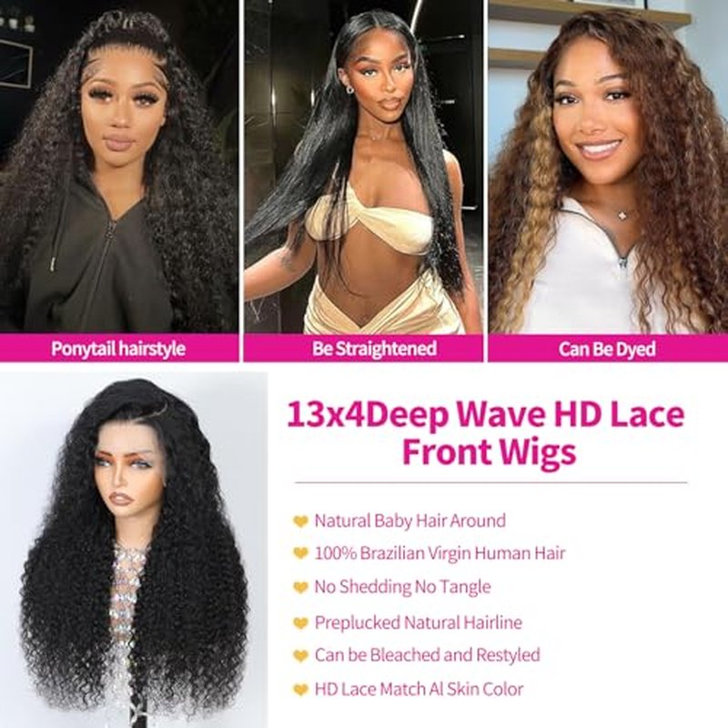 Deep Wave Lace Front Wigs Human Hair 13x4 HD Lace Front Wigs Human Hair Pre Plucked Brazilian Curly HumanHair Wig 200 Density Glueless Frontal Wigs For Women(22inch)