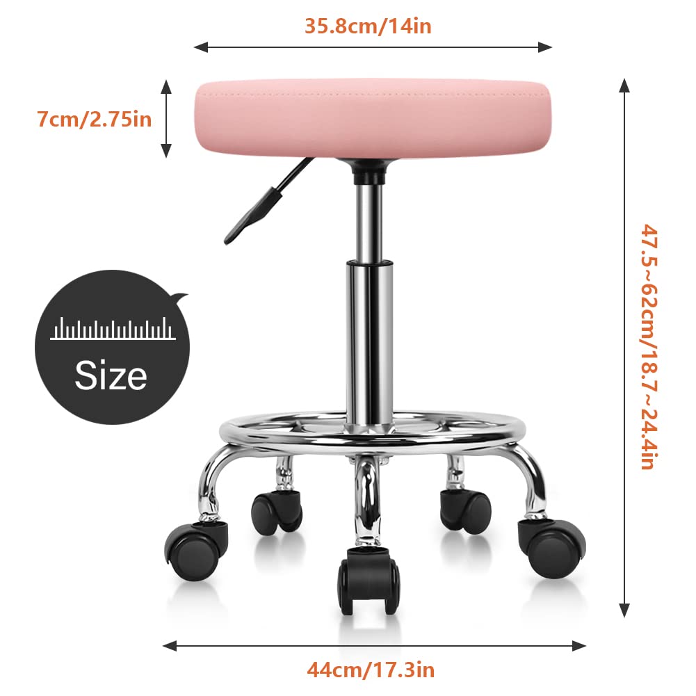 KKTONER PU Leather Round Rolling Stool with Foot Rest Swivel Height Adjustment Spa Drafting Salon Tattoo Work Office Massage Stools Task Chair Cushion 14 inches(Pink)