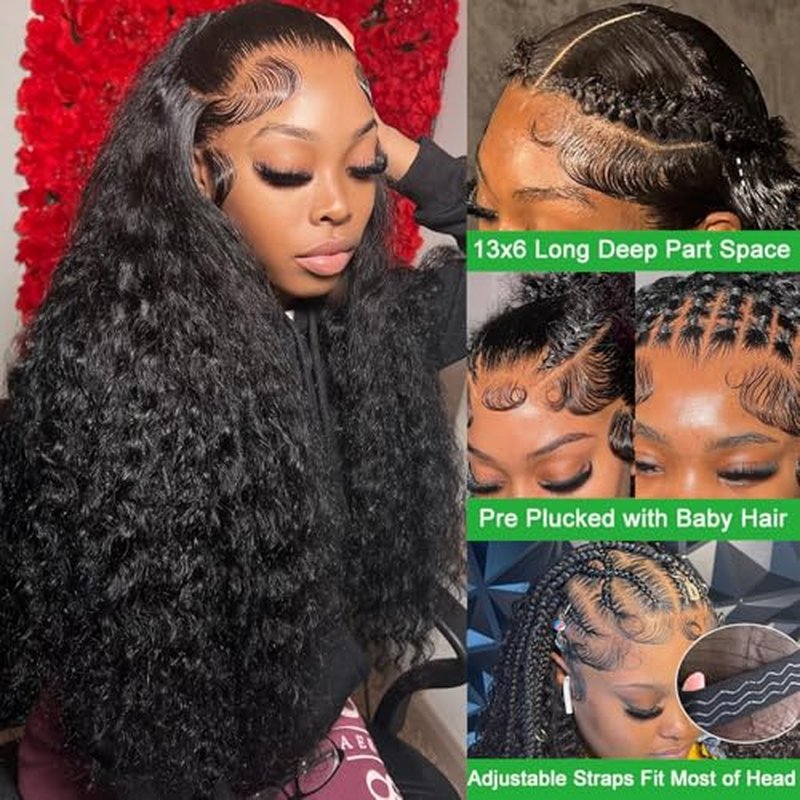 24 Inch 13x6 Lace Frontal Deep Wave Wigs Human Hair 13x6 Lace Front Deep Wave Wig 200% Density Pre Plucked Lace Front Curly Human Hair Wigs for Women Glueless Wig