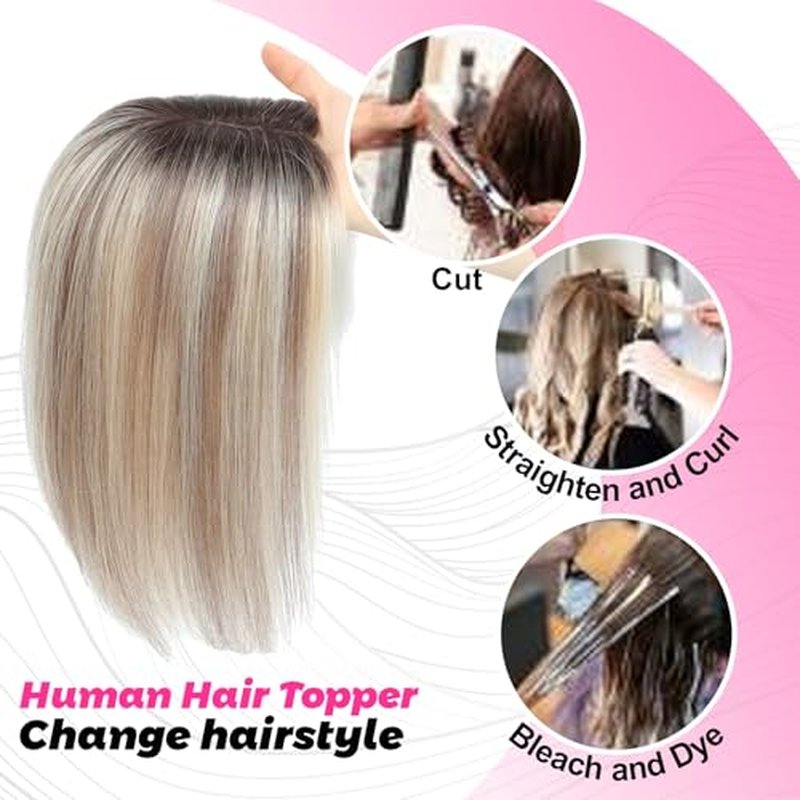 SARO-UP Hair Toppers for Women Real Human Hair Toppers for Women with Thinning Hair 4x4.5 inch Larger Mono Base 150% Density HairPieces Add Volume 12Inch (Ombre Light Brown with Blond Highlight)