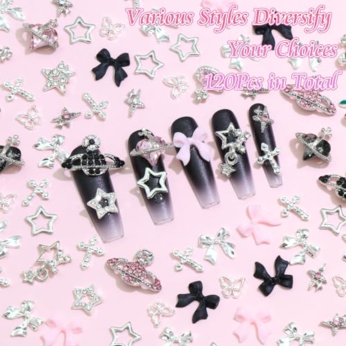 BELICEY 120Pcs 3D Nail Charms Pink Black Silver Bow Nail Charms Y2k Star Planet Cross Charms and Gems Pink Crystal Rhinestones Nail Jewelry for DIY Nail Art Design Crafts