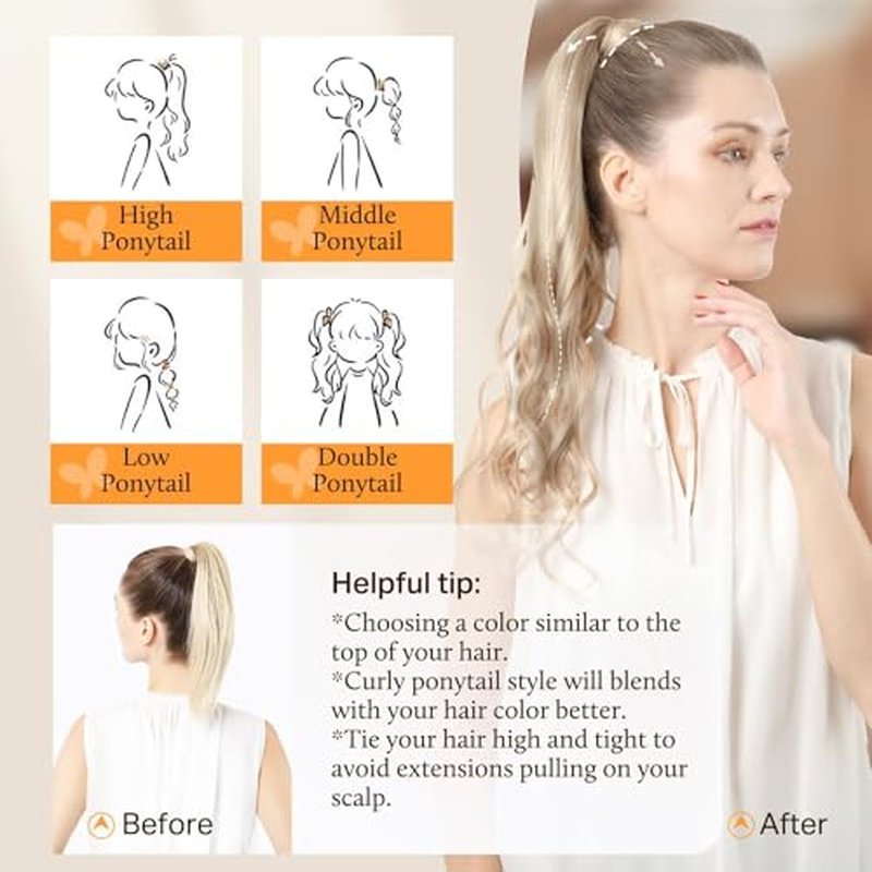 DOORES Human Hair Ponytail Extension Clip in Hair Extensions Balayage Ash Blonde Highlighted Platinum Blonde 20 Inch 90g Real Hair Extensions Wrap Around Ponytail Long Straight Ponytail Hairpiece