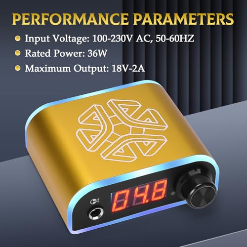 ATOMUS Tattoo Power Supply with Wireless Tattoo Pedal Colorful Light Power Cable for Tattoo Machine Pen Liner and Shader (Gold)