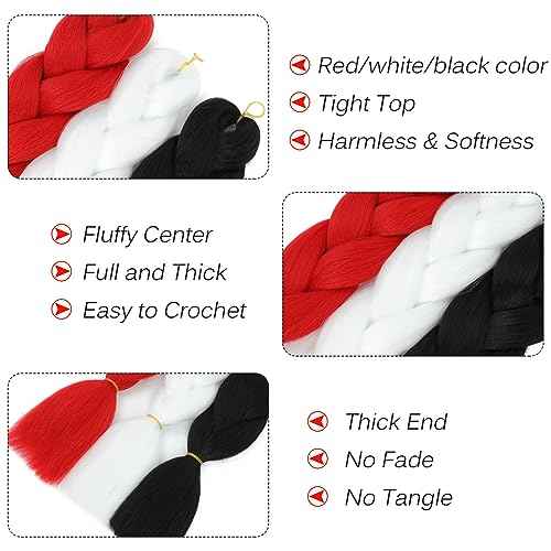 Alileona Jumbo Braiding Hair Extension 24inch Jumbo Box Braiding Hair Synthetic Fiber for Twist Braiding Hair, Bubble Braids Hair Extensions 3 Bundles/Lot (Red-White-Black)