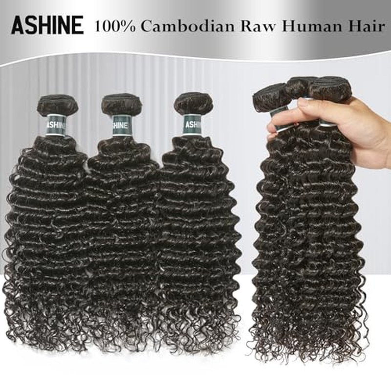 ASHINE Human Hair Bundle Deep Curly Water Wave, Unprocessed Cambodian Raw Hair 24 Inch, Flip Over Quick Weave Wet and Wave Bundles for Women Natural Black