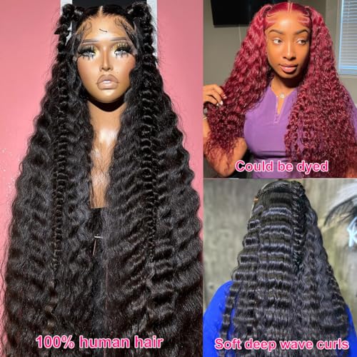 13x6 Lace Front Wigs Human Hair Pre Plucked 180% Density 28 Inch Transparent HD Deep Wave Lace Front Wigs Human Hair for Black Women Curly Wigs Natural Black