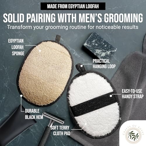 Loofah Body Scrubber for Men ? Body Wash & Scrubbing Luffa, Rugged Yet Gentle Lufas for Smoother & Healthier Skin, Terry Cloth Pad for Manly Skin Care, Black & White Masculine Design Loufas Sponge