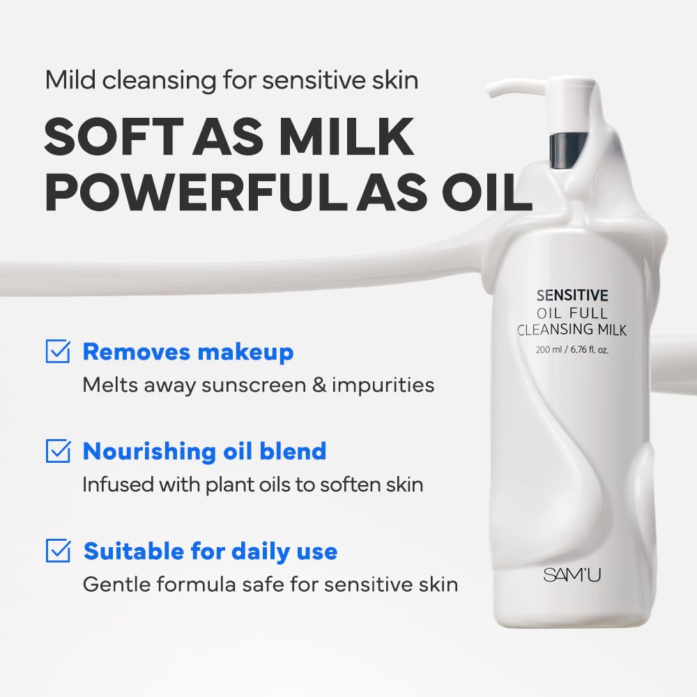 SAM'U Full Cleansing Milk, Sensitive Oil, 6.8 fl oz (200 ml), Cleansing Milk, Moisturizing, Dry Skin, Rough Skin, Pore Care, Weak Acid, Hypoallergenic, pH Balance, Korean
