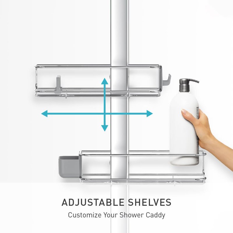 simplehuman X-Large Adjustable Hanging Shower Caddy, Handheld Showerhead Compatible, Family-Size Bathroom Organizer with 12-Inch Extended Neck, Adjustable Shelves, Rust-Proof Stainless Steel