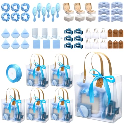 55 Pcs Baby Shower Prizes for Winners Prizes Gifts Including Headband Hair Brush Jewelry Box Compact Mirror Powder Puff Hair Tie Claw Gift Bag for Baby Wedding Bridal Shower(Blue)
