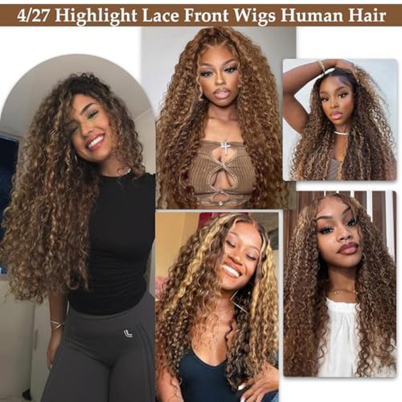 Honey Blonde 13x6 Curly Lace Front Wigs Human Hair Pre Plucked Curly Frontal Wig 28 inch 4/27 Highlight Ombre Jerry Curly HD Lace Front Wigs 180% Density Deep Wave Lace Front Wig for Women