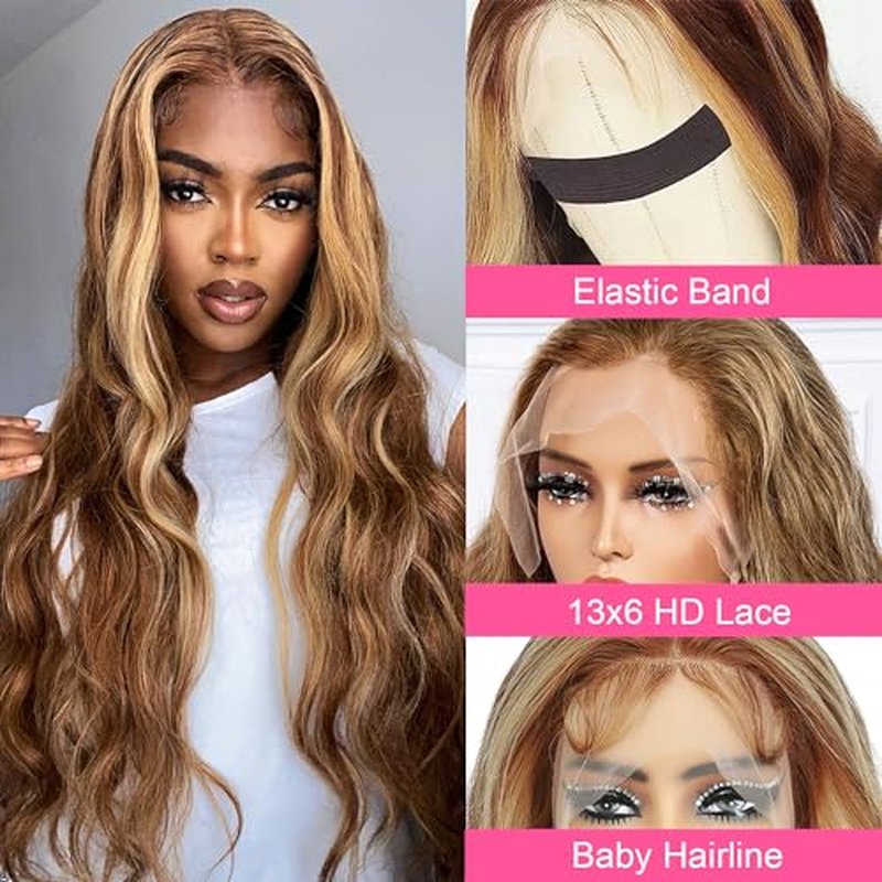 28 Inch Highlight Lace Front Wig Human Hair Ombre for Women 13x6 Body Wave Honey Blonde HD With Baby Hairline