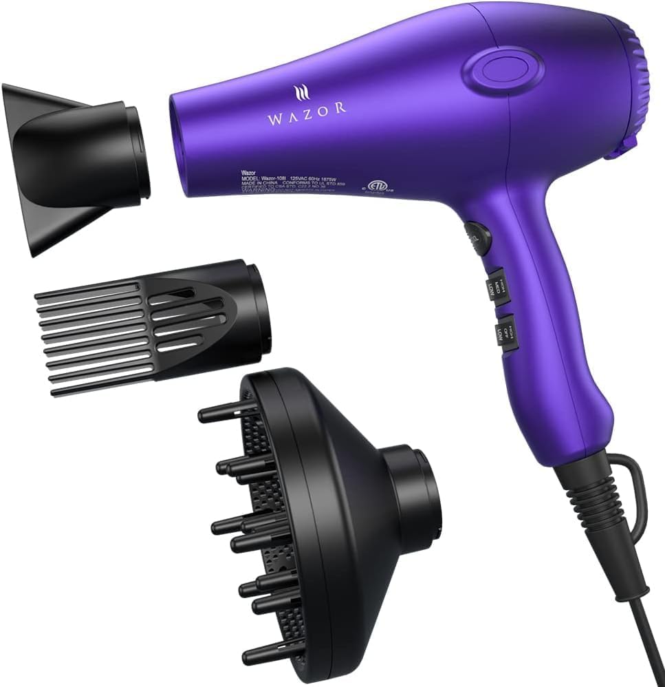 Wazor Lightweight Hair Dryer - 1875W Ionic Blow Dryer with Diffuser | 2 Speed, 3 Heat Settings, Purple