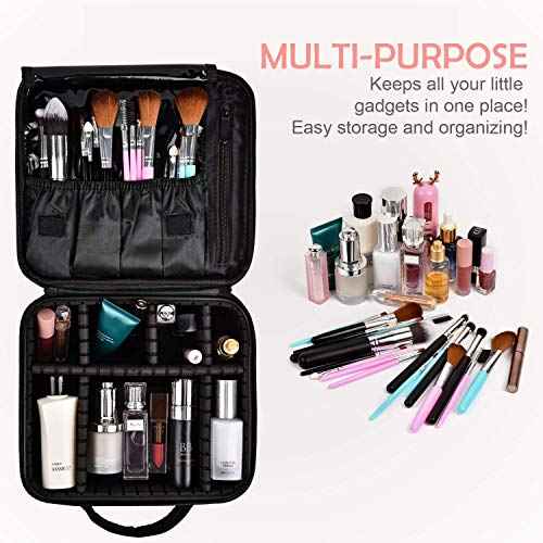 Travel Makeup Case, Cosmetic Train Case Organizer Portable Artist Storage Makeup Bag with Adjustable Dividers for Cosmetics Makeup Brushes Toiletry Jewelry Digital Accessories - Black