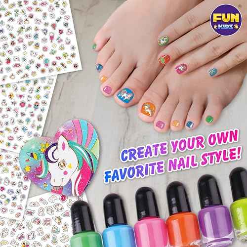 Toy Unicorn Nail Art for Girl 7-12, FunKidz Size 17.91Wx12.4L Ultimate Glamour Peelable Nail Polish Kit for Kids Fingernail Set Party Gifts