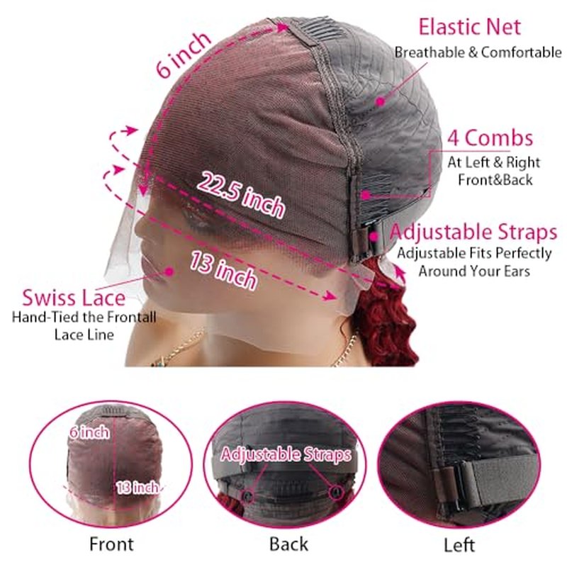 99J Burgundy Deep Wave 13x6 Lace Front Wigs Human Hair 200% Density Lace Frontal Wigs Human Hair Pre Plucked 99j Burgundy Deep Curly Wave HD Lace Front Wigs for Women (20Inch)