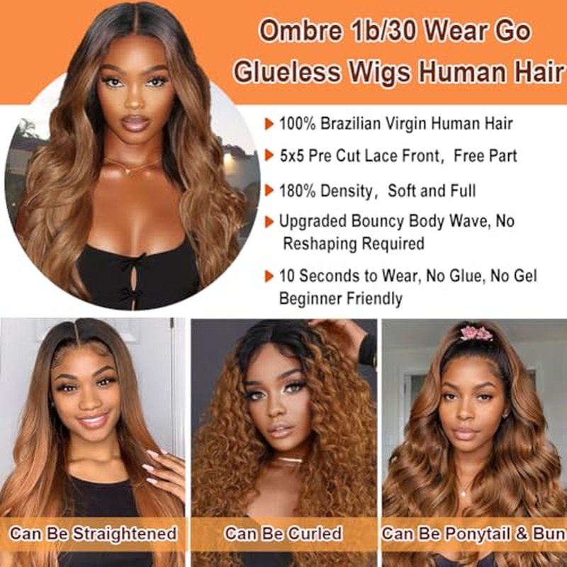 1B/30 Lace Front Wigs Human Hair Highlight Ombre 5x5 Pre Cut Lace Front Wigs Human Hair Dark Root to Brown 5x5 HD Lace Closure Wigs Glueless Bouncy Body Wave Lace Frontal Wigs 180 Density 20 Inch