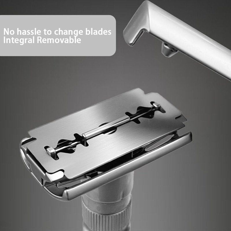 6-speed adjustable dual-blade safety razor with 10 platinum-coated stainless steel blades. Includes optional stand. Comes with complimentary travel pouch. (Silver)