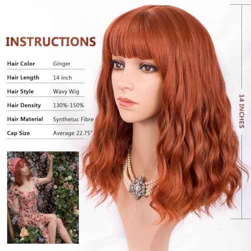 Auburn Bob Wig with Bangs Short Wavy Copper Red Wigs for Women Shoulder Length Burnt Orange Curly Bob Wigs Heat Resistant Synthetic Wigs for Halloween Cosplay Daily Party Use 14 Inch