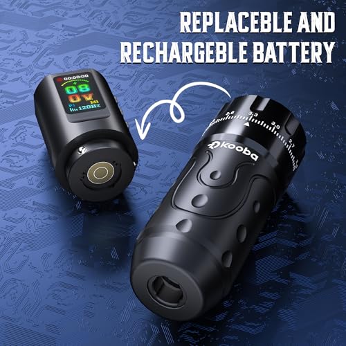 Tattoo Gun Kit with Kooba Wireless Tattoo Machine/Pen 1800mAh Battery Normal/Stippling Mode RCA Convert Adapter 3 Speed Memory Function 7 Strokes Length 20 Cartridges Needles for Artists & Beginners