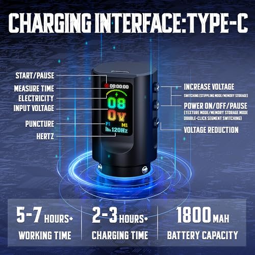 Tattoo Gun Kit with Kooba Wireless Tattoo Machine/Pen 1800mAh Battery Normal/Stippling Mode RCA Convert Adapter 3 Speed Memory Function 7 Strokes Length 20 Cartridges Needles for Artists & Beginners