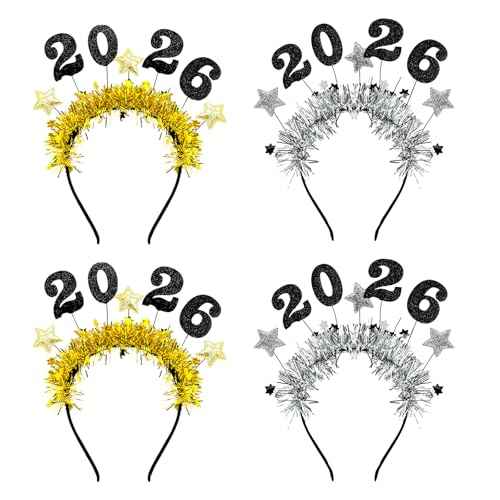 4 Pcs Happy New Year Headbands for Women 2026 New Year Eve Hairbands Party Supplies Holiday Headwear Decoration Gifts (Gold+Silver)