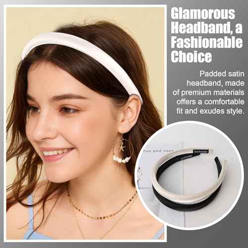 Headbands for Women, Black White Womens Thick Silk Satin Super Soft & Comfortable Sponge Padded Headbands Hair Bands Hoops Accessories for Women Girls