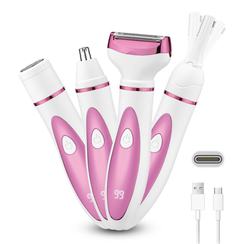 Electric Razor for Women, Bikini Trimmer Womens Shaver for Face Nose Eyebrow Body Leg Pubic Underarm Arm Ladies Rechargeable 4 in 1 Hair Removal Kit Painless Trimming, Gifts for Women (Pink)