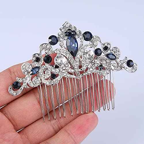 EVER FAITH Austrian Crystal Art Deco Flower Vine Wedding Prom Hair Comb fro Women Bride Bridesmaids Navy Blue Silver-Tone