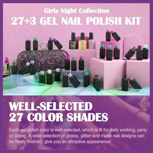 Lavender Violets 30 Pcs Gel Nail Polish Set, 27 Colors Purple Blue Brown Red with Glitter Glossy Matte Gel Base and Top Coat Set for Nail Art C975