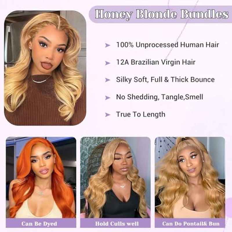 27# Honey Blonde Body Wave Bundles 100% Real Human Hair Bundles 14 16 18 Inch For Quick Weave Double Weft Can Be Dyed and Restyled