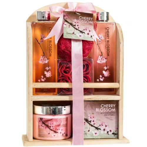Deluxe Cherry Blossom Spa Basket - Home Spa Set with Bubble Bath, Bath Salts, Body Lotion, Bath Puff, and Rose Soaps in Wooden Curio