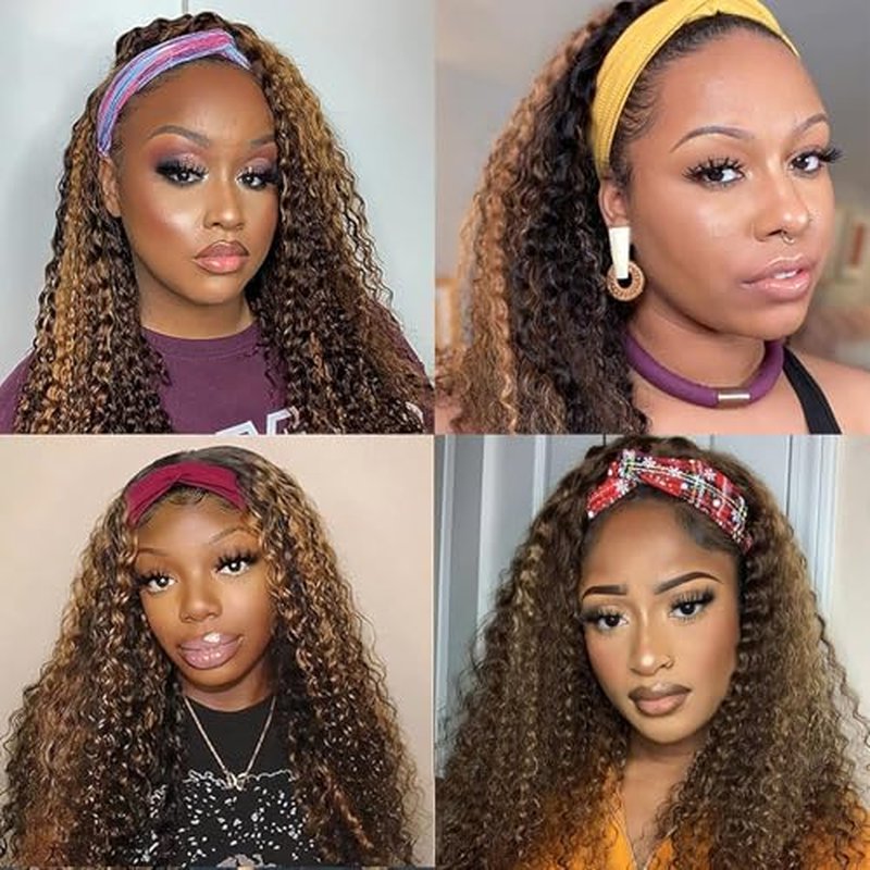 Highlight Ombre Headband Wig Human Hair Curly #4/27 Glueless Brazilian Ombre Deep Wave Headband Wig Human Hair Wigs for Black Women 24 Inch