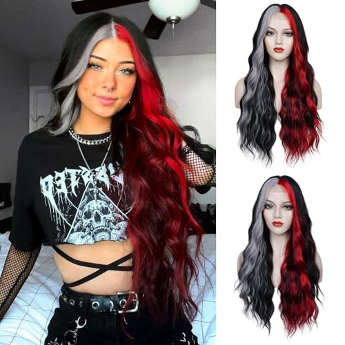 WECAN Black Red Gray Wig 28 Inches Long Black Red Wavy Wigs For Women Synthetic Hair Replacement Wigs Halloween Cosplay Daily Party Heat-Resistant Fiber Wig £¨black/red/gray£©